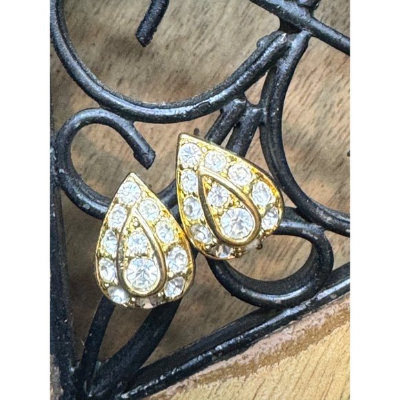 Nolan Miller Gold Tone Crystal Teardrop Earrings Pierced - Picture 1 of 7
